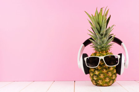 Hipster pineapple with sunglasses and headphones against a pink background. Minimal summer concept.