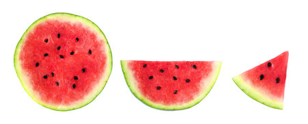 Slices of summer watermelon, whole round, half and piece isolated on a white