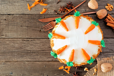 Carrot cake with cream cheese frosting and fondant carrots, top view corner border over a wood...