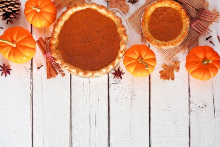 Homemade autumn pumpkin pie, above view top border over a white wood backgroundの写真素材