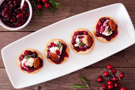 Holiday appetizers with cranberries, goat cheese and pecans on a serving plate, top view table scene...
