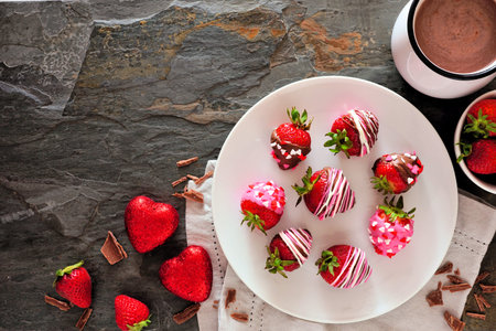 Valentines Day chocolate dipped strawberries, top view table scene against a dark stone background