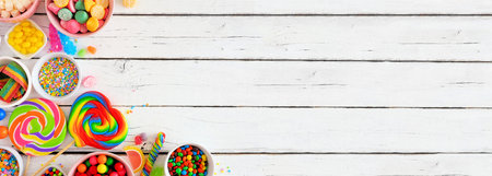 Sweet and colorful candy buffet corner border, overhead view table scene over a white wood banner