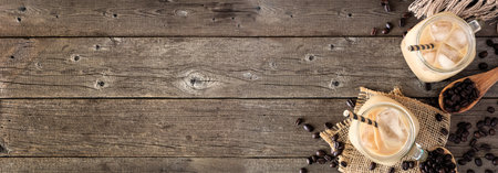 Cold iced coffee corner border over a dark wood banner background
