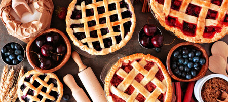 Baking scene with a variety of homemade fruit pies. Top view over a wood banner background.