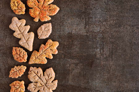 Autumn leaf sugar cookies. Above view side border on a dark stone background with copy space.の写真素材