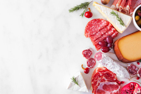 Selection of cheese and meat appetizers. Above view side border on a white marble background with...