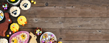Easter table scene with an assortment of desserts and sweets. Overhead corner border on a wood...