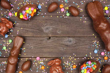 Easter candy and chocolate bunnies and eggs. Frame against a rustic dark wood banner background....