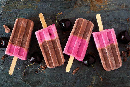 Chocolate and cherry ice pops.の写真素材