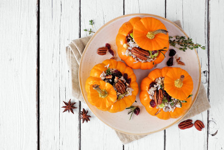 Stuffed mini pumpkins with rice, cranberries, cabbage and nuts. Autumn food concept. Top view on plate over a white wood background.の写真素材