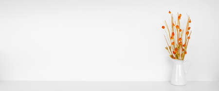 Fall decor on a white shelf against a white wall background. Banner with copy space. Jug vase with vibrant seasonal branches.の写真素材