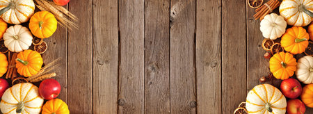 Fall double side border of pumpkins, apples and spices. Above view on a rustic dark wood banner...