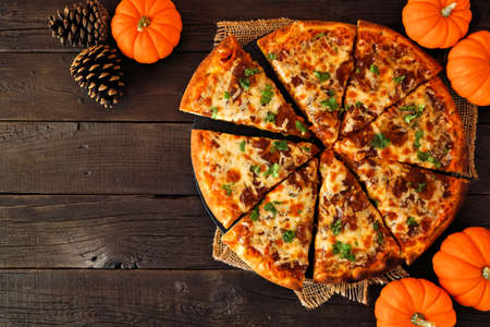 Fall pizza with pumpkin sauce, gouda and caramelized onions. Above view on a dark wood background. Copy space.の写真素材