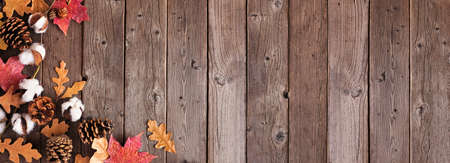 Fall leaves and natural decor. Corner border over a rustic dark wood banner background. Above view with copy space.の写真素材