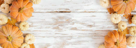 Fall double border with frosty orange pumpkins on a rustic white wood banner background. Top down view with copy space.の写真素材