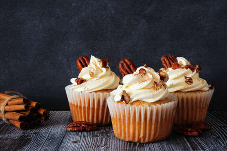 Autumn cinnamon pecan cupcakes with creamy frosting. Side view scene against a dark background.の写真素材