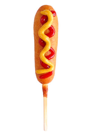 Corn dog with ketchup and mustard toppings isolated on a white backgroundの写真素材