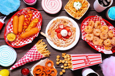 Carnival theme food double border over a dark wood background. Above view with copy space. Summer...