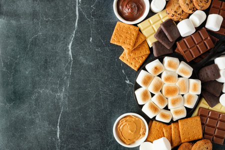 Smores buffet side border. Roasted marshmallows, crackers, chocolate and a selection of ingredients....