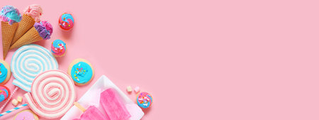 Pastel sweets corner border. Ice cream, cookies, cupcakes and a collection of treats. Overhead view...