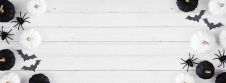 Halloween double border of black and white pumpkins with bats and spiders. Overhead view on a white wood banner background. Copy space.の写真素材