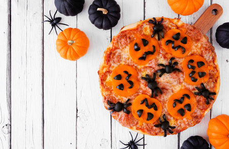 Halloween jack o lantern pizza. Above view on a white wood table background with pumpkins. Copy space.の写真素材