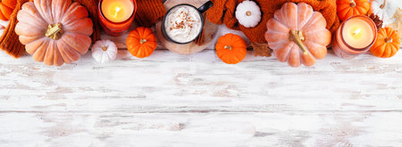 Cozy fall top border with pumpkins, leaves, sweater and pumpkin spice drink. Overhead view over a...