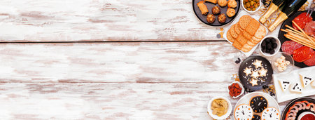 New Years Eve theme appetizer side border. Above view on a white wood banner background. Charcuterie board, champagne, clock cookies, tuxedo brie cheese and a variety of party food. Copy space.の写真素材