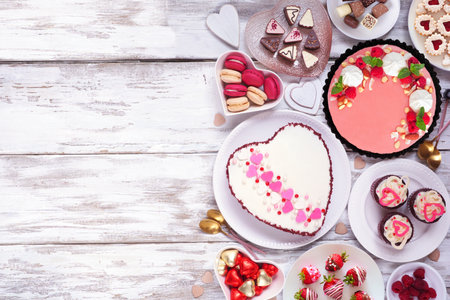 Valentines Day side border with a selection of desserts and sweets. Top down view over a white wood background. Love and hearts theme. Copy space.の写真素材