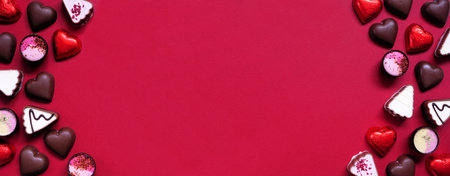 Valentines Day chocolate double border. Red and pink heart theme. Above view on a red paper banner...