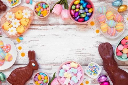 Easter candy frame. Top down view over a white wood background. Chocolate bunnies, candy eggs and an...