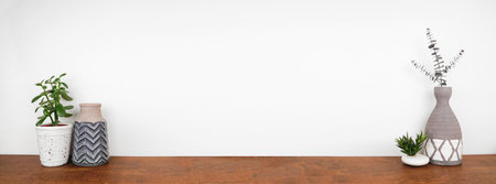 Home decor and plant on a shelf. Clay vases and succulent plants on a wood shelf against a white wall. Banner with copy space.の写真素材