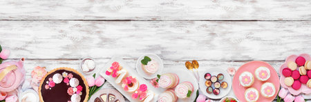 Mothers Day bottom border with a variety of desserts and sweets. Top view on a white wood banner background. Pink flowers theme. Copy space.の写真素材
