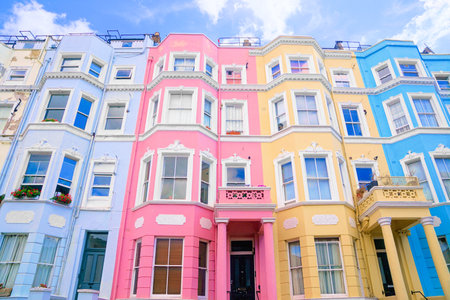 Colorful pastel houses of Notting Hill, London, England. Upward street view.の写真素材