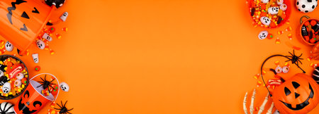 Halloween trick or treat double border with jack o lantern pails and assorted candy. Overhead view on an orange banner background with copy space.の写真素材