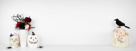 Elegant Halloween or gothic shelf decor with copy space against a white wall banner background. White shelf with skull and butterflies, red and black flowers, jack o lantern and floral pumpkin.の写真素材