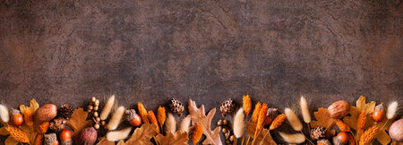 Colorful autumn leaves, nuts and grasses. Bottom border over a rustic dark banner background. Top view with copy space.の写真素材
