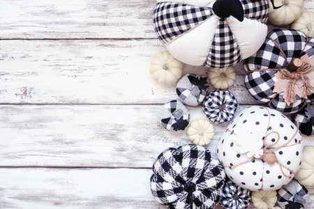 Modern farmhouse side bottom border over a white wood background. Black and white plaid and patterned cloth pumpkins. Above view with copy space.の写真素材