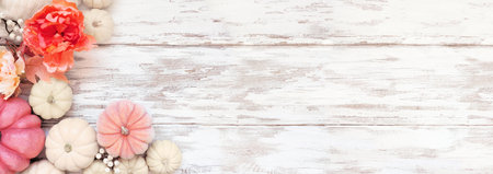 Autumn corner border of white and soft pink pumpkins and fall decor over a white wood banner background. Top view with copy space.の写真素材