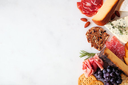 Variety of charcuterie cheeses, meats and appetizers. Overhead view side border on a white marble background with copy space.の写真素材