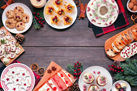 Christmas food frame. Top view on a dark wood background. Various appetizers and delicious sweets. Copy space. Holiday party food concept.の写真素材