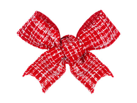 Red and white cloth Christmas gift bow isolated on a white backgroundの写真素材