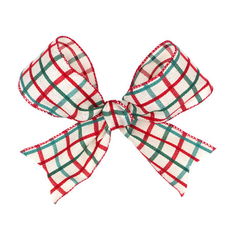 Green, red and white check Christmas gift bow isolated on a white backgroundの写真素材
