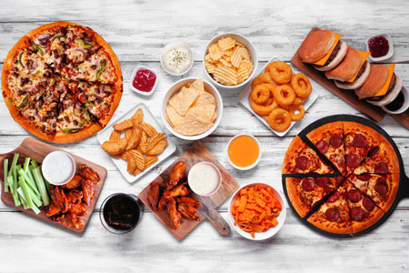 Junk food table scene. Pizza, hamburgers, chicken wings and salty snacks. Above view over a white wood background.の写真素材