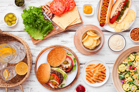 Summer BBQ or picnic table scene with hamburgers, hotdogs, salad and snacks. Overhead view over a white wood background.の写真素材