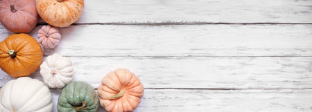Autumn corner border of pastel pumpkins of various sizes and colors over a rustic white wood banner background. Top down view with copy space.の写真素材
