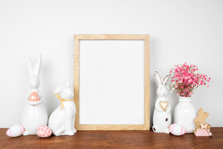 Modern Easter home decor shelf scene. Mock up portrait wood frame with Easter bunnies, eggs and pink flowers on a wooden shelf. Copy space.の写真素材