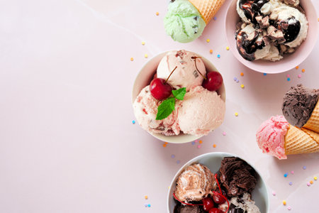 Summer ice cream side border. Bowls and cones of colorful assorted flavors. Top view on a soft pink stone background. Copy space.の写真素材