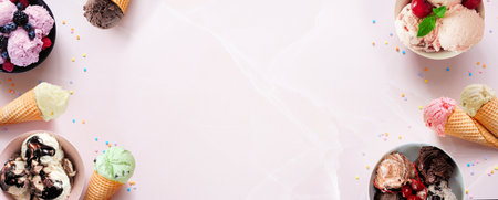 Summer ice cream double border. Bowls and cones of colorful assorted flavors. Top view on a soft pink stone banner background. Copy space.の写真素材